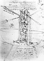 Máquina voladora con alas de pájaro en posición vertical, fol. 80r del Manuscrito de París B, 1488-90